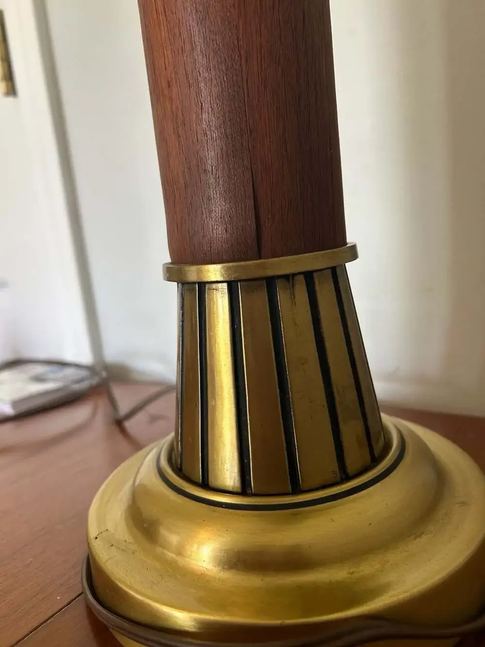 Vintage Mid-Century Modern Teak and Brass Column Table Lamp